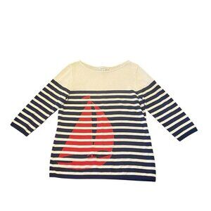Coldwater Creek Women's S Ivory Red Blue Stripe‎ Sail Boat 3/4 Sleeve Sweater